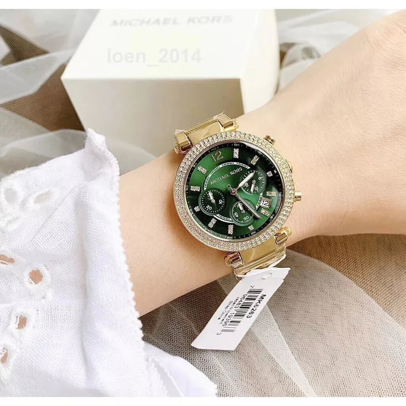 Michael Kors Two-Tone Strap Chronograph Women's Watch Green Dial Diamond Case MK-0127