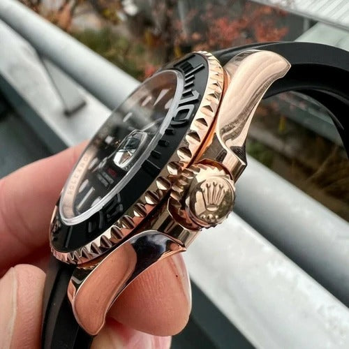 RLX Yacht-Master Rosegold Analog Black Dial Ceramic Bezel Oyster-flex Silicon Bracelet Men's Watch For Man Rlx-M268655-0004