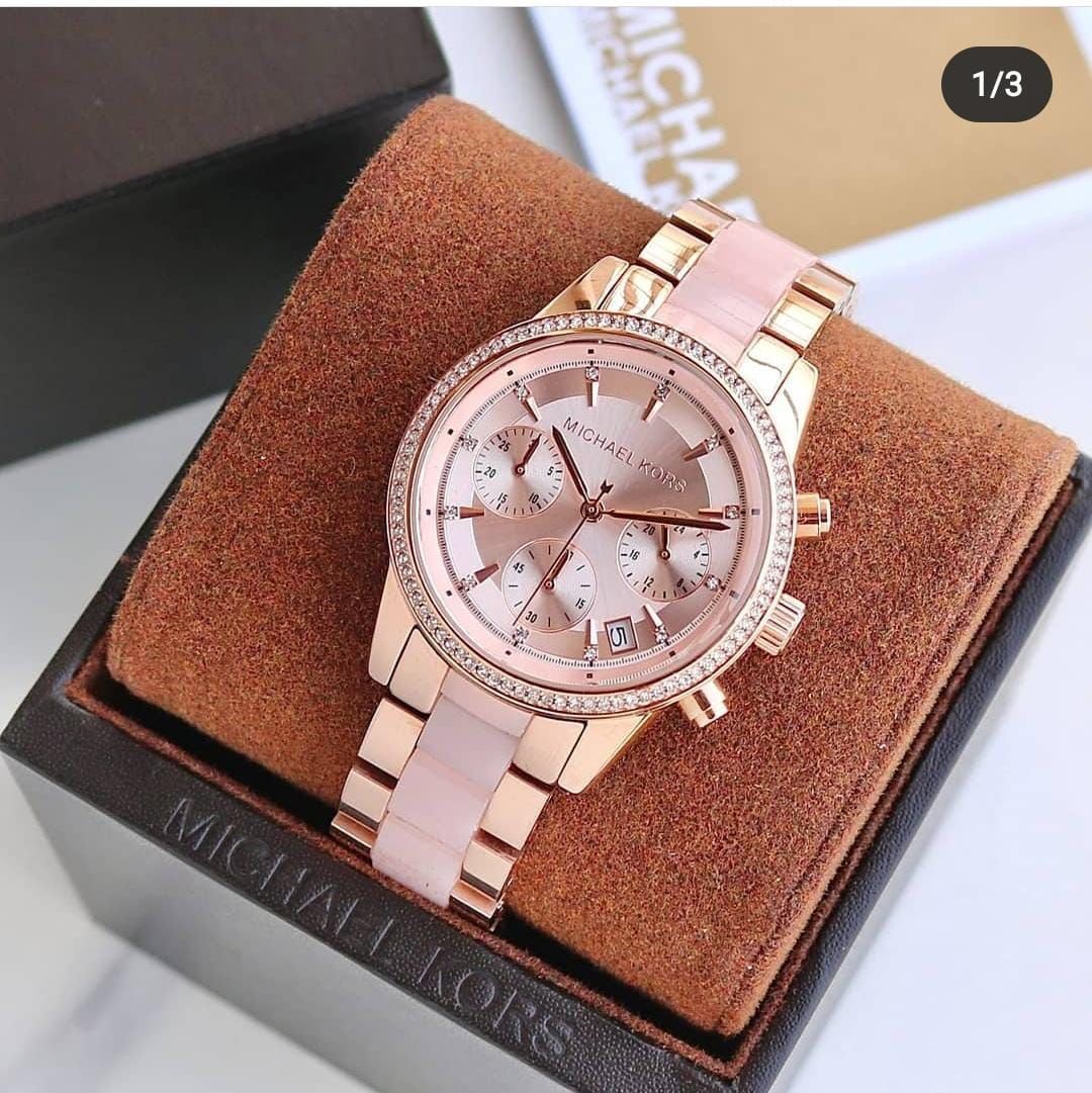 Rose Gold Women Watch With Multi Color Strap Tone Stainless Steel Chronograph Watch MK-6307