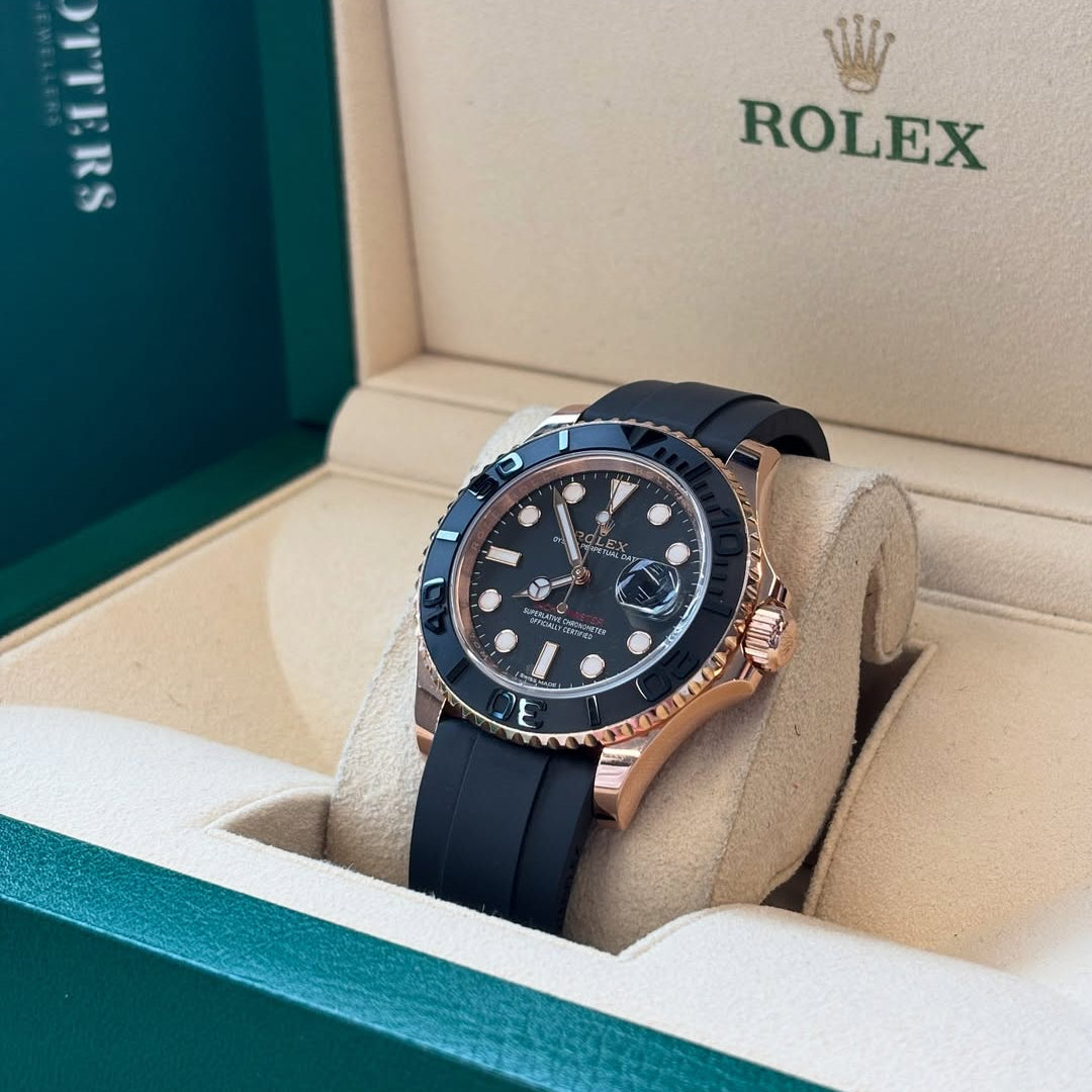 RLX Yacht-Master Rosegold Analog Black Dial Ceramic Bezel Oyster-flex Silicon Bracelet Men's Watch For Man Rlx-M268655-0004