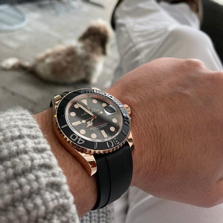 RLX Yacht-Master Rosegold Analog Black Dial Ceramic Bezel Oyster-flex Silicon Bracelet Men's Watch For Man Rlx-M268655-0004