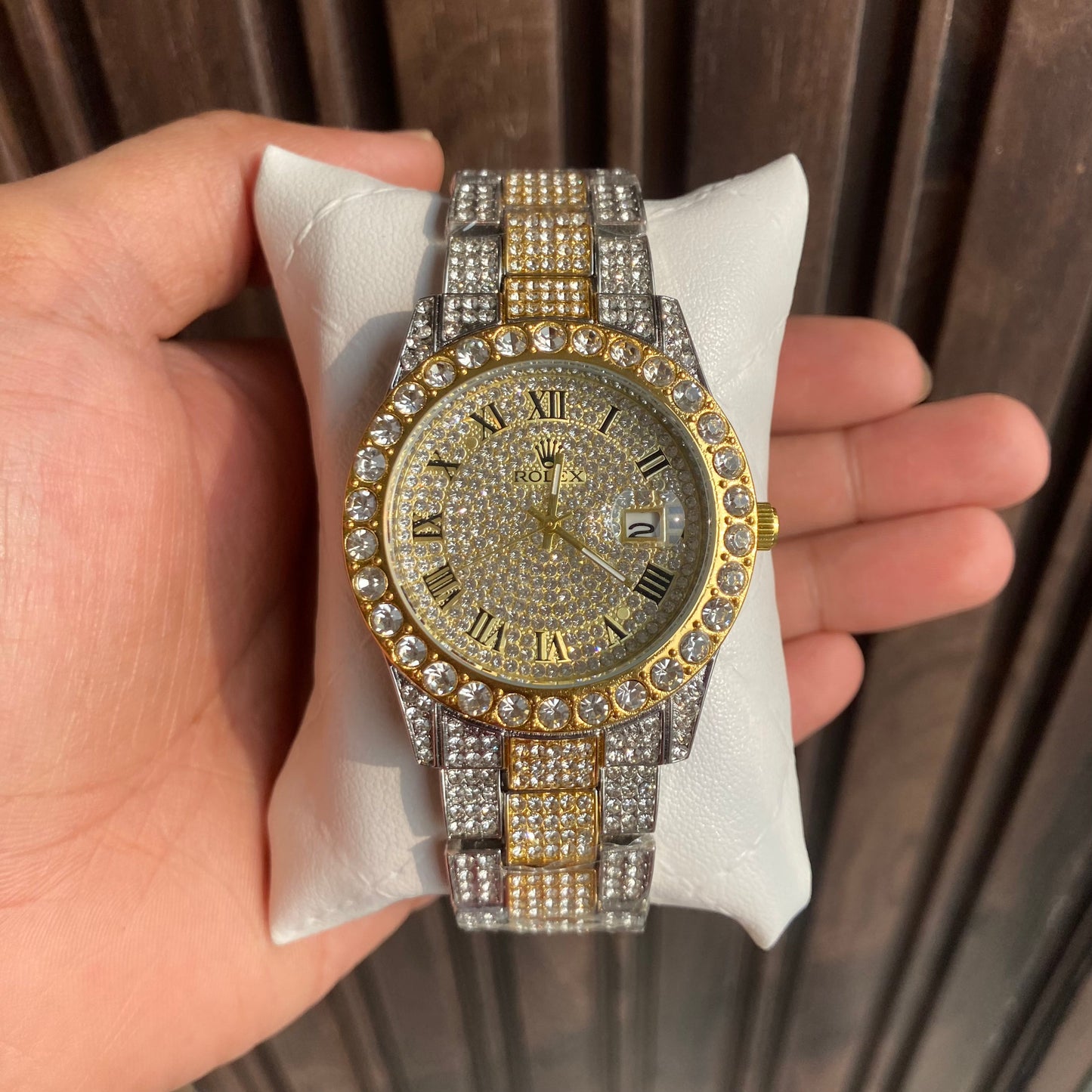 Stylish Watch With Analog Diamond Set Silver And Golden Strap & Golden Color Dial Royal Stainless Steel