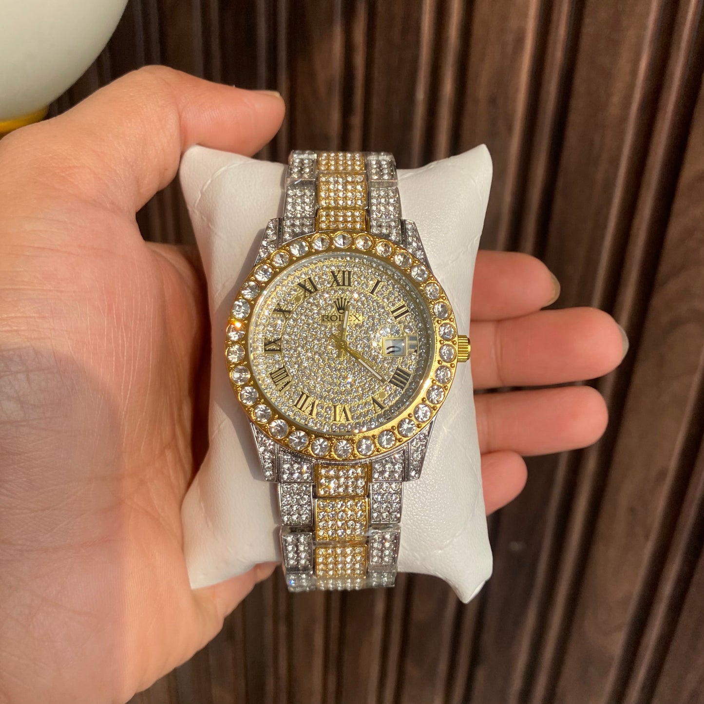Stylish Watch With Analog Diamond Set Silver And Golden Strap & Golden Color Dial Royal Stainless Steel