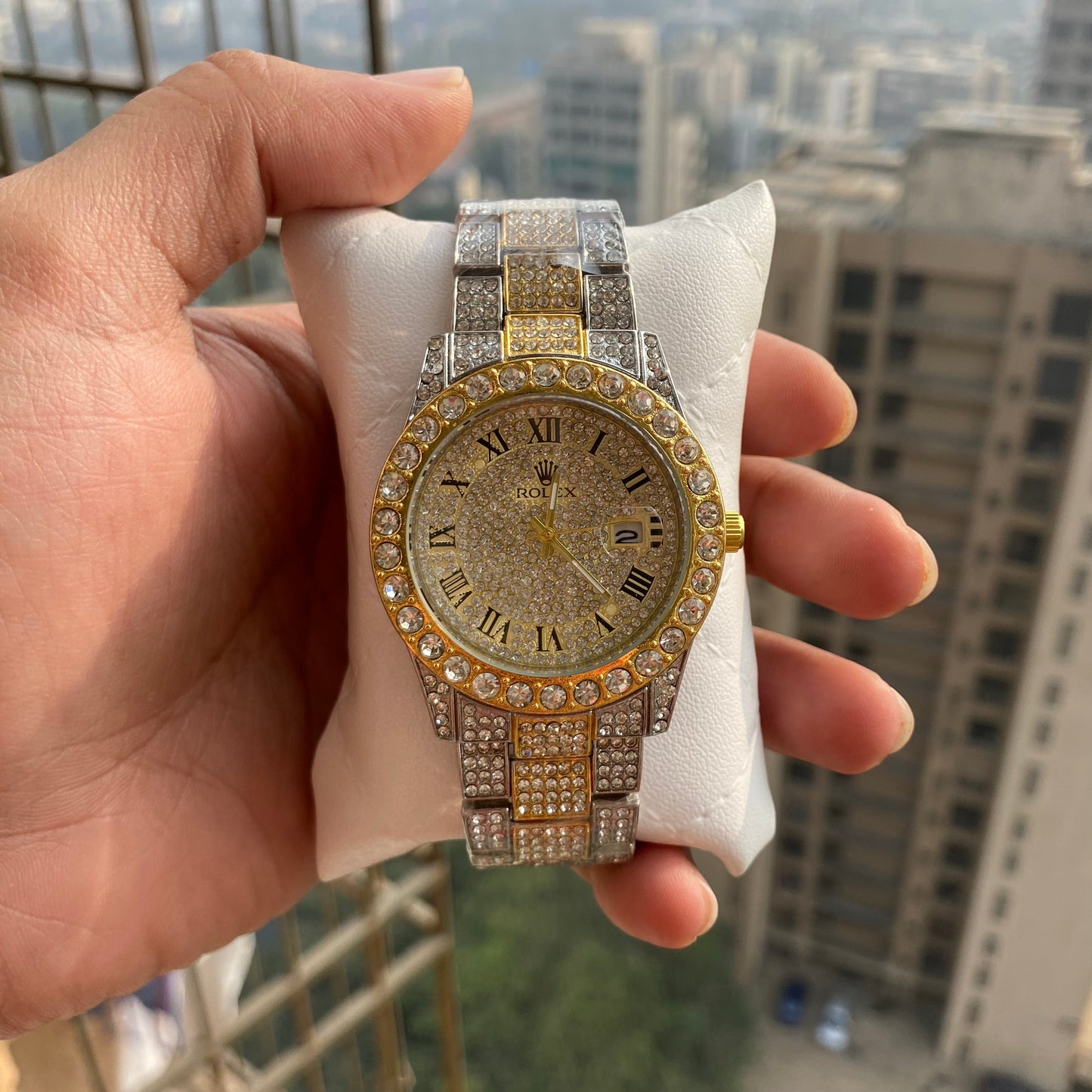 Stylish Watch With Analog Diamond Set Silver And Golden Strap & Golden Color Dial Royal Stainless Steel