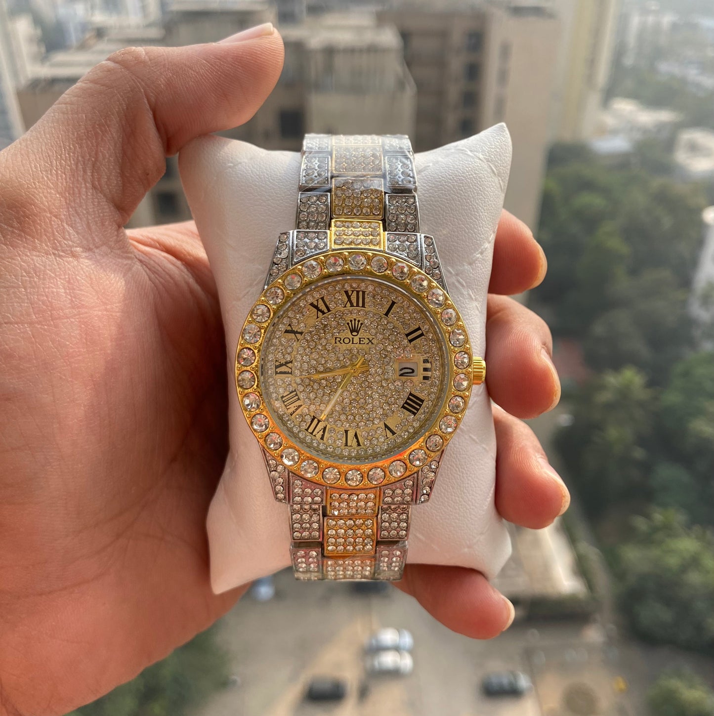 Stylish Watch With Analog Diamond Set Silver And Golden Strap & Golden Color Dial Royal Stainless Steel