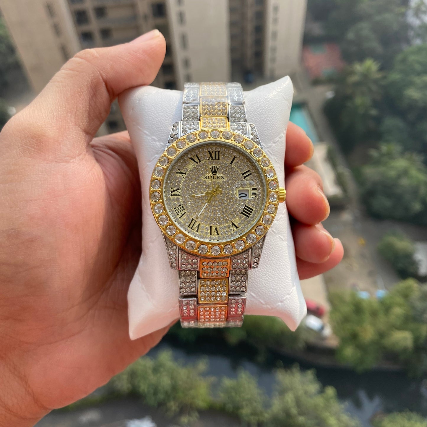 Stylish Watch With Analog Diamond Set Silver And Golden Strap & Golden Color Dial Royal Stainless Steel
