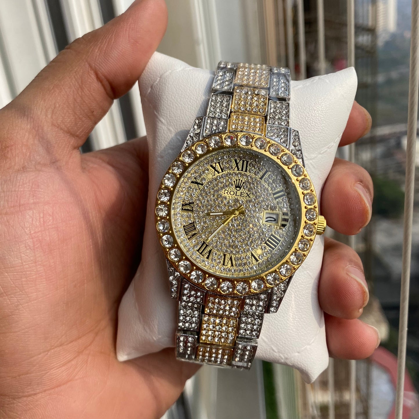 Stylish Watch With Analog Diamond Set Silver And Golden Strap & Golden Color Dial Royal Stainless Steel