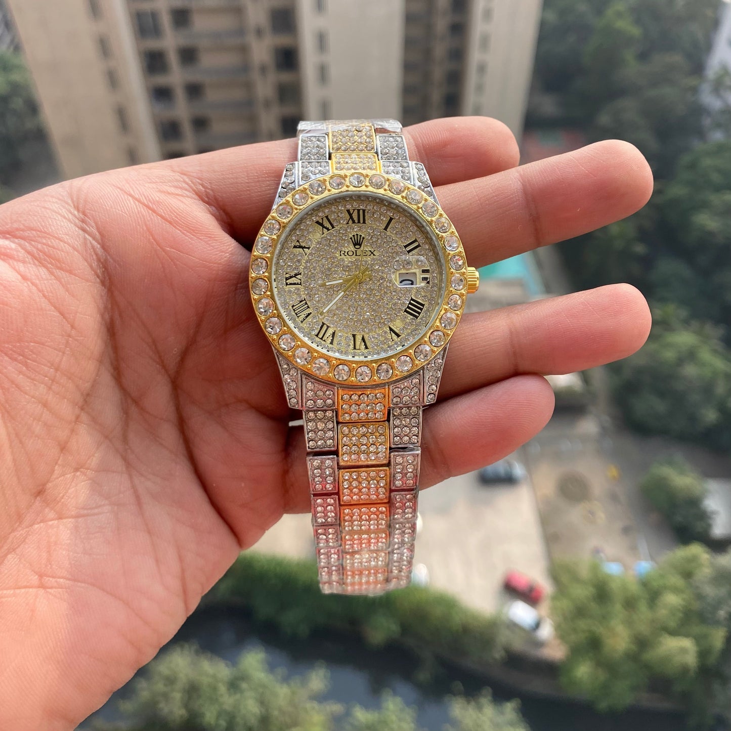 Stylish Watch With Analog Diamond Set Silver And Golden Strap & Golden Color Dial Royal Stainless Steel