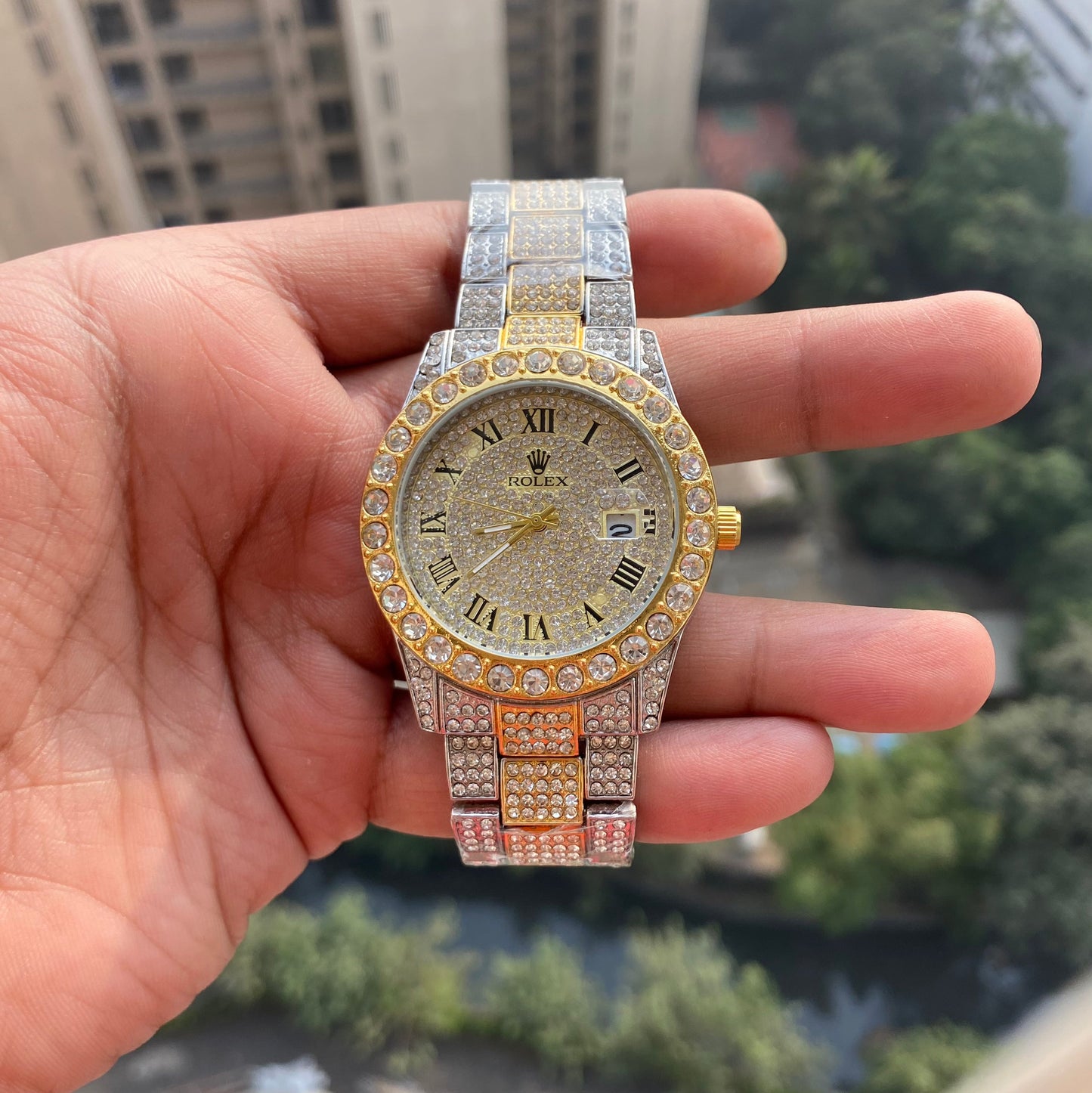 Stylish Watch With Analog Diamond Set Silver And Golden Strap & Golden Color Dial Royal Stainless Steel