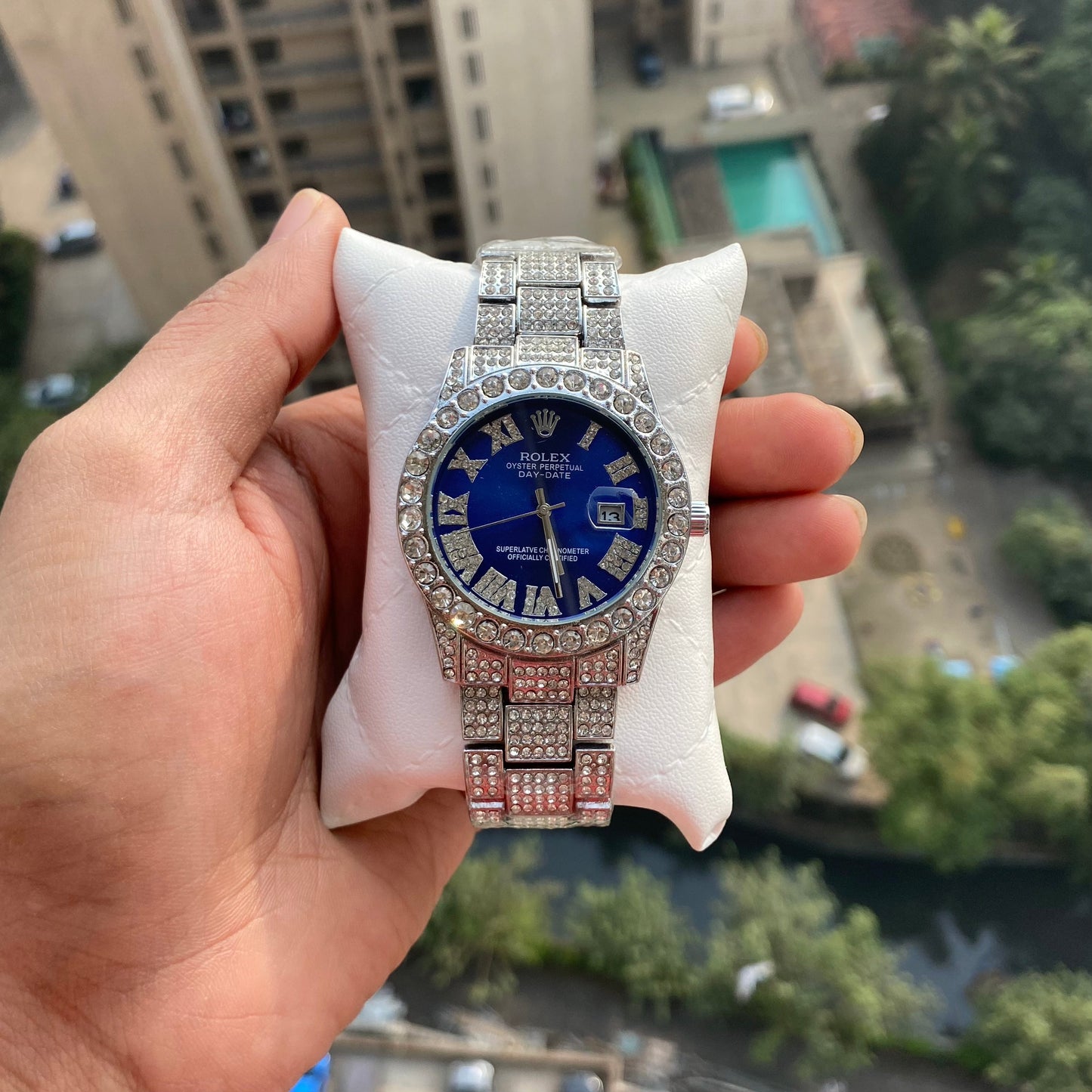 Analog Diamond Set Silver Watch/ Blue Dial Royal Stainless Steel RLX-8084