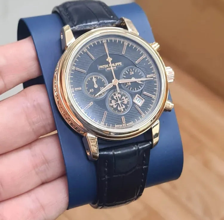 Patek Philippe Nautilus Perpetual Calender Gold Black Leather Black Dial Watch For Men PK-4312