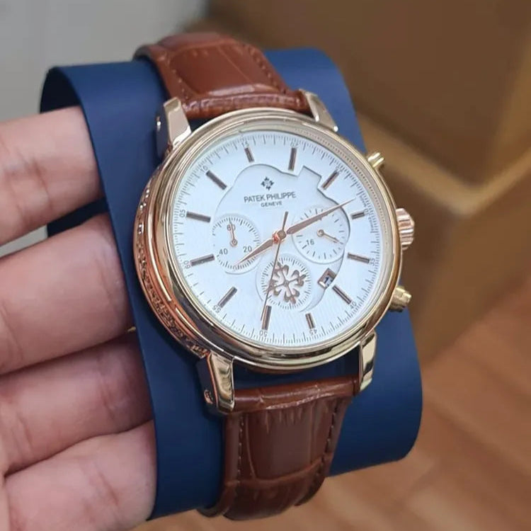Patek Philippe Nautilus Perpetual Calender Brown Leather White Dial Watch For Men PK-4311