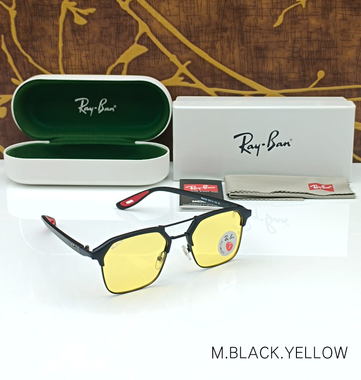 Rayban Stylish Yellow Glass/Black Frame Men's And Women's Polarised Sunglass Heavy Quality RB-5493