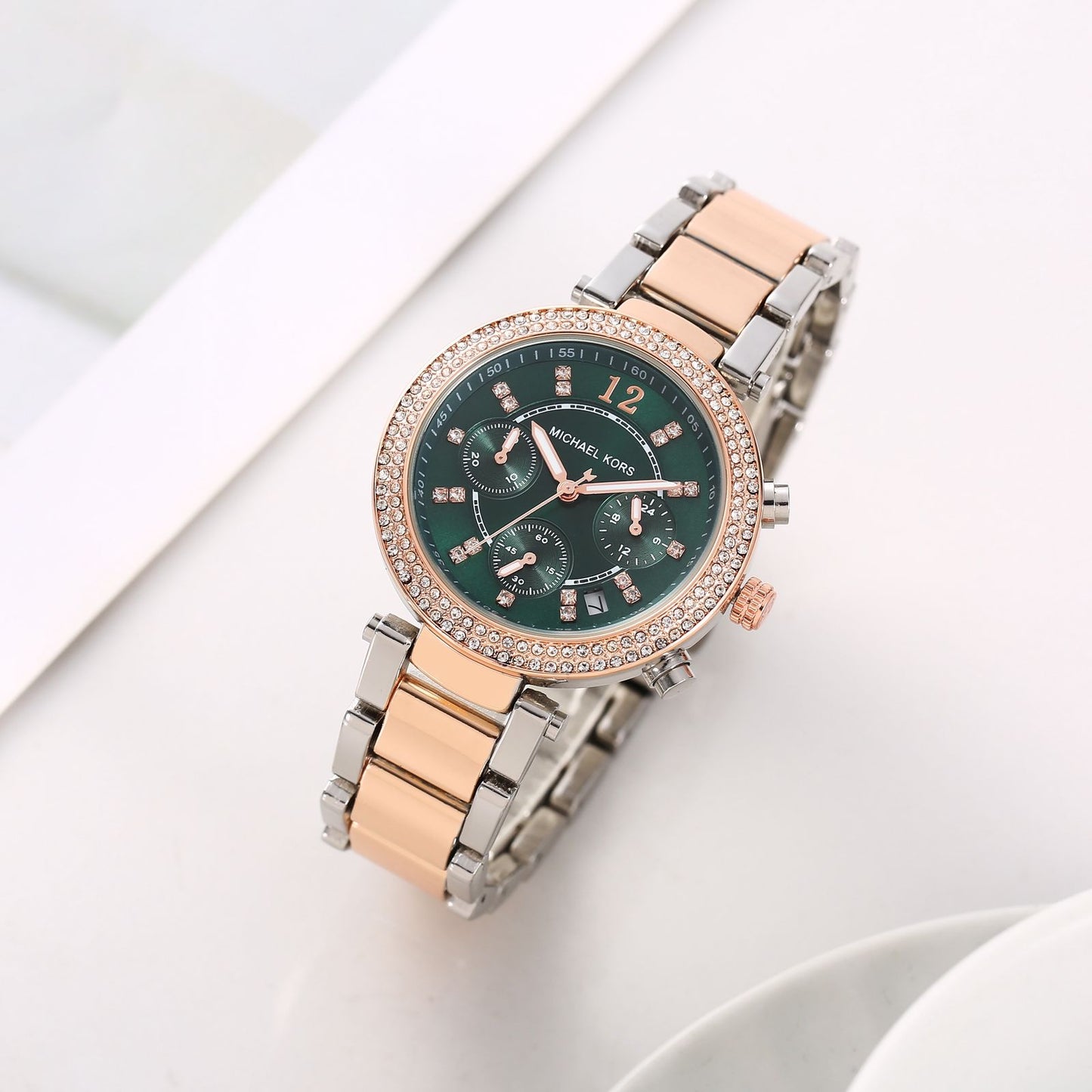 Michael Kors Two-Tone Strap Chronograph Women's Watch Green Dial Diamond Case MK-0126