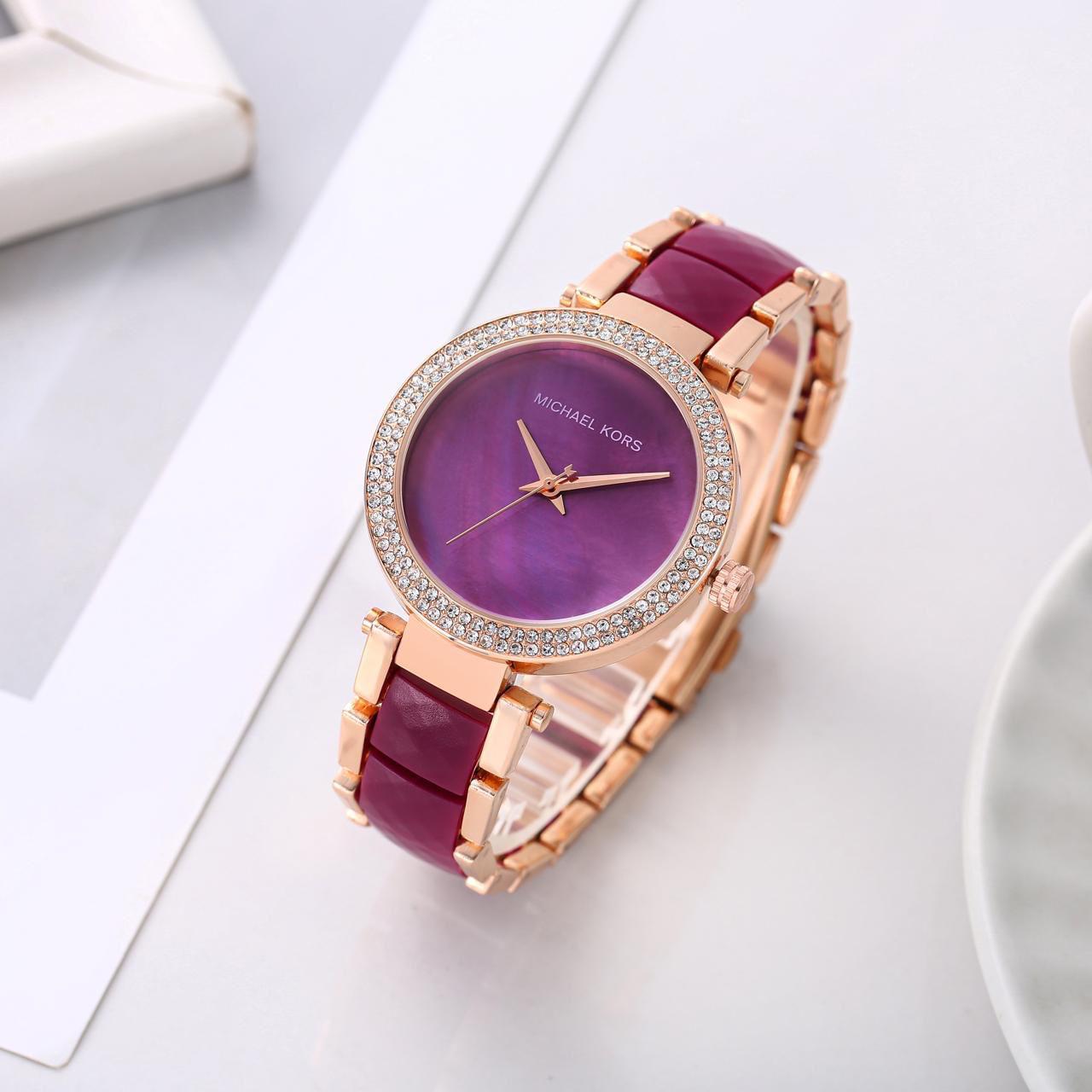 Michael Kors Parker Two-Tone Strap Chronograph Women's Watch Plum Acetate + Rose Gold Color Diamond Case MK-0133