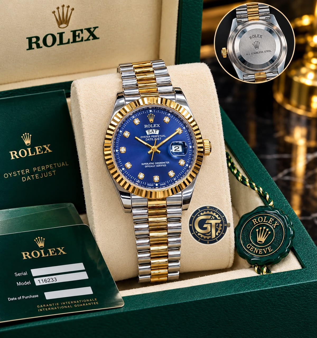 Rolex Day-Date Multi-Toned Blue Dial Watch with Diamond-style hour markers-RLX-2547