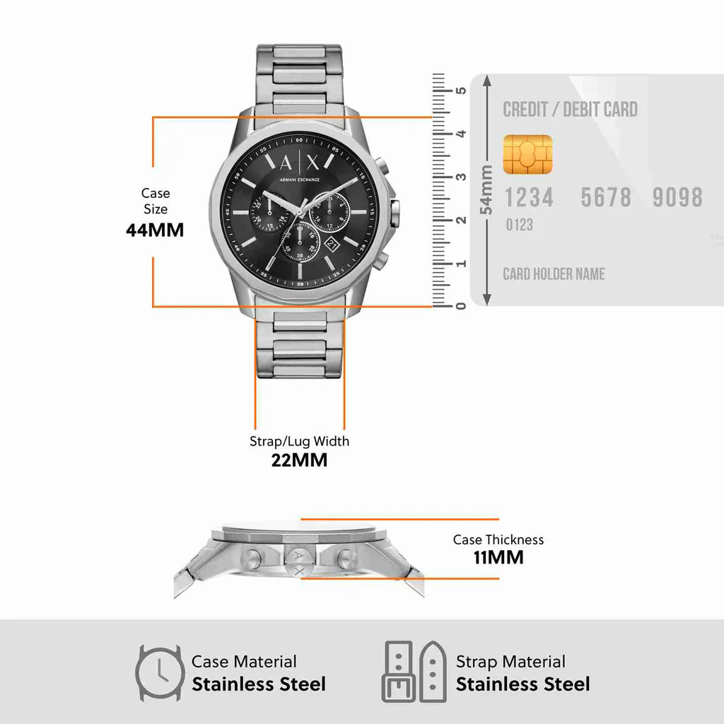 A/X Armani Exchange 44 mm Black Dial Stainless Steel Chronograph Watch For Men-AX-6443