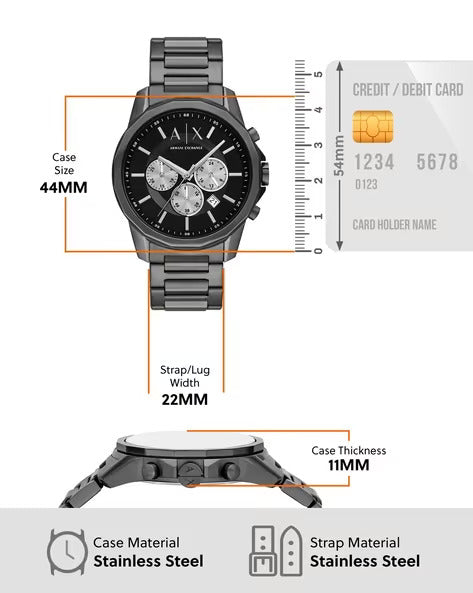 A/X Armani Exchange 44 mm Black Dial Stainless Steel Chronograph Watch For Men-AX-6442