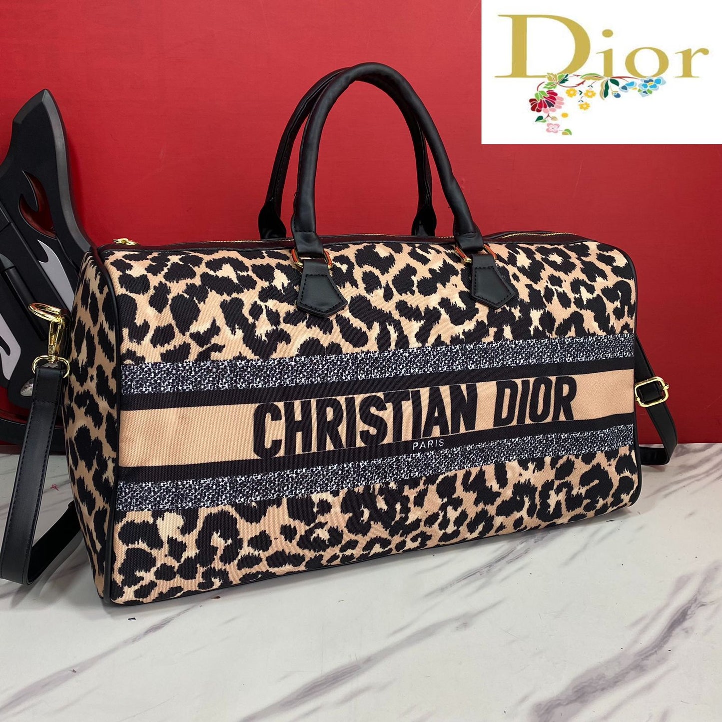 CD Best Quality Handbags, Cheeta Printed Carry-on Canvas Leather Duffle Collection With Sling Belt DR-DB9087