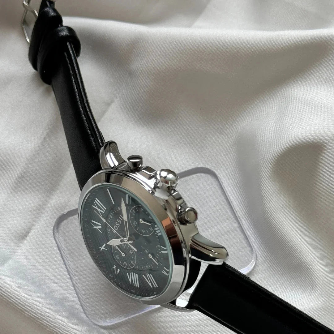 Fossil Chronograph Black & Silver Dial Leather Men's Watch - FS-4812