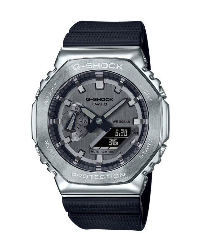 G-shock Metal Covered Silver/Black Round Analog+Digital World Time Multi-Function Resin Band Sports Watch GS-2100