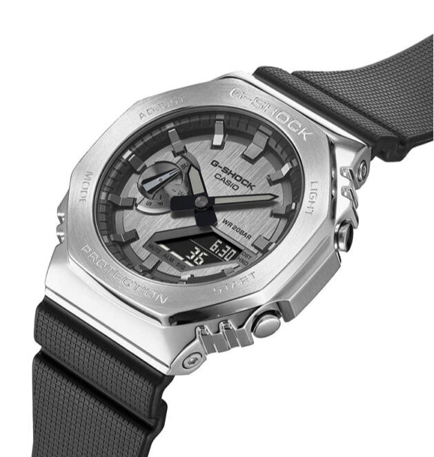 G-shock Metal Covered Silver/Black Round Analog+Digital World Time Multi-Function Resin Band Sports Watch GS-2100
