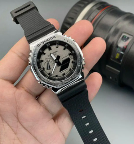 G-shock Metal Covered Silver/Black Round Analog+Digital World Time Multi-Function Resin Band Sports Watch GS-2100
