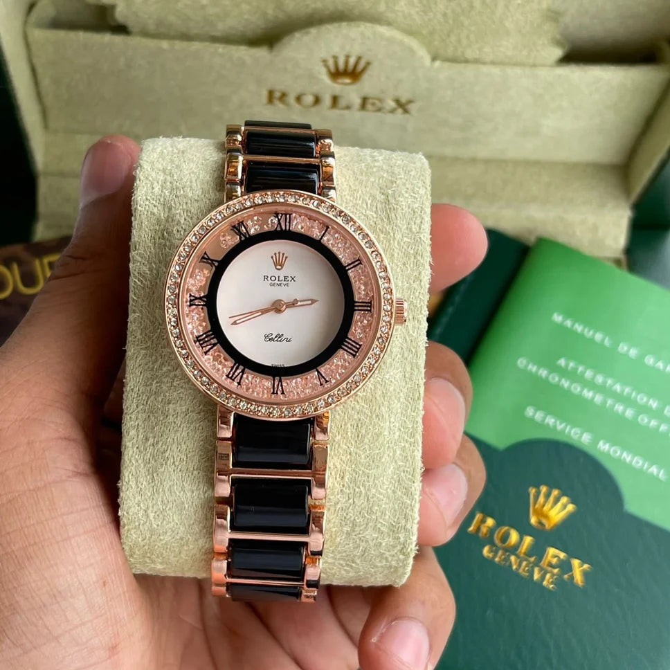 Black Gold Stainless Steel Strap Watch For Women With Diamond White Dial RLX-7919