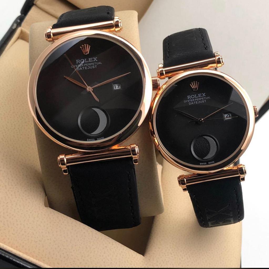 Analog Half Moon Perpetual Black Leather Watch For Couple Rlx-Cpl-2136 Black Dial Gold Case Best Gift Watch Ever