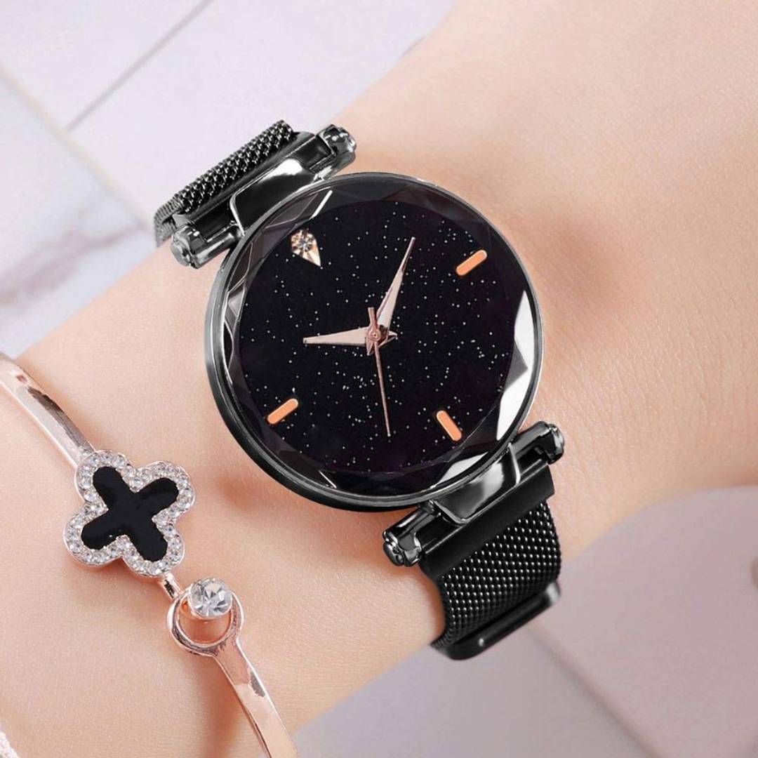 Black Dial Magnet Mash Strap Unique Collection Diamond Design Analog Watch For Women and Girls SW-20052