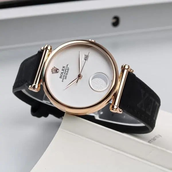 RLX Black Leather Watch For Men's Casual New Trending style Watch White Dial With Gold Metal Case Date Watch Best Gift Watch RLX-2-23