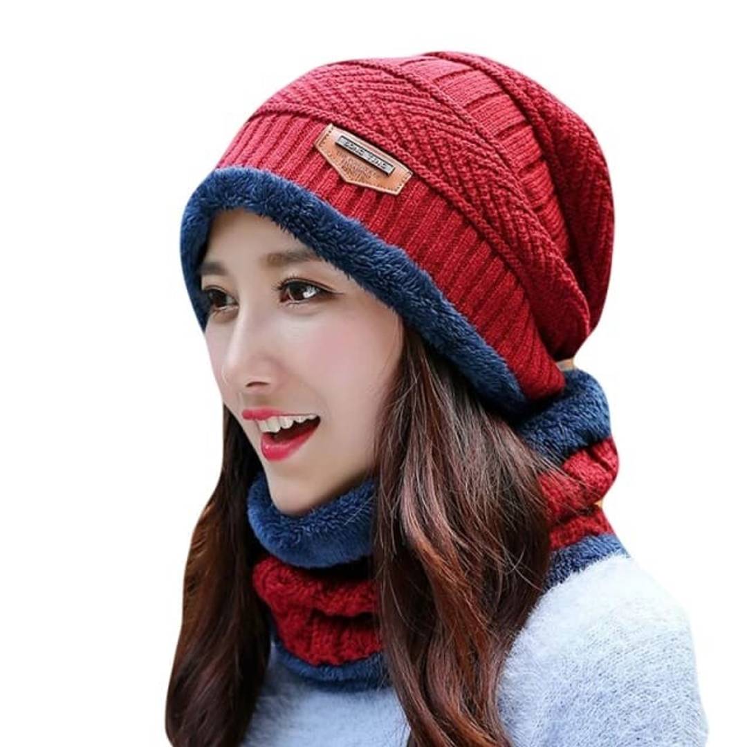 Ultra Soft Women's Woolen Beanie Cap Plus Muffler Scarf Set.