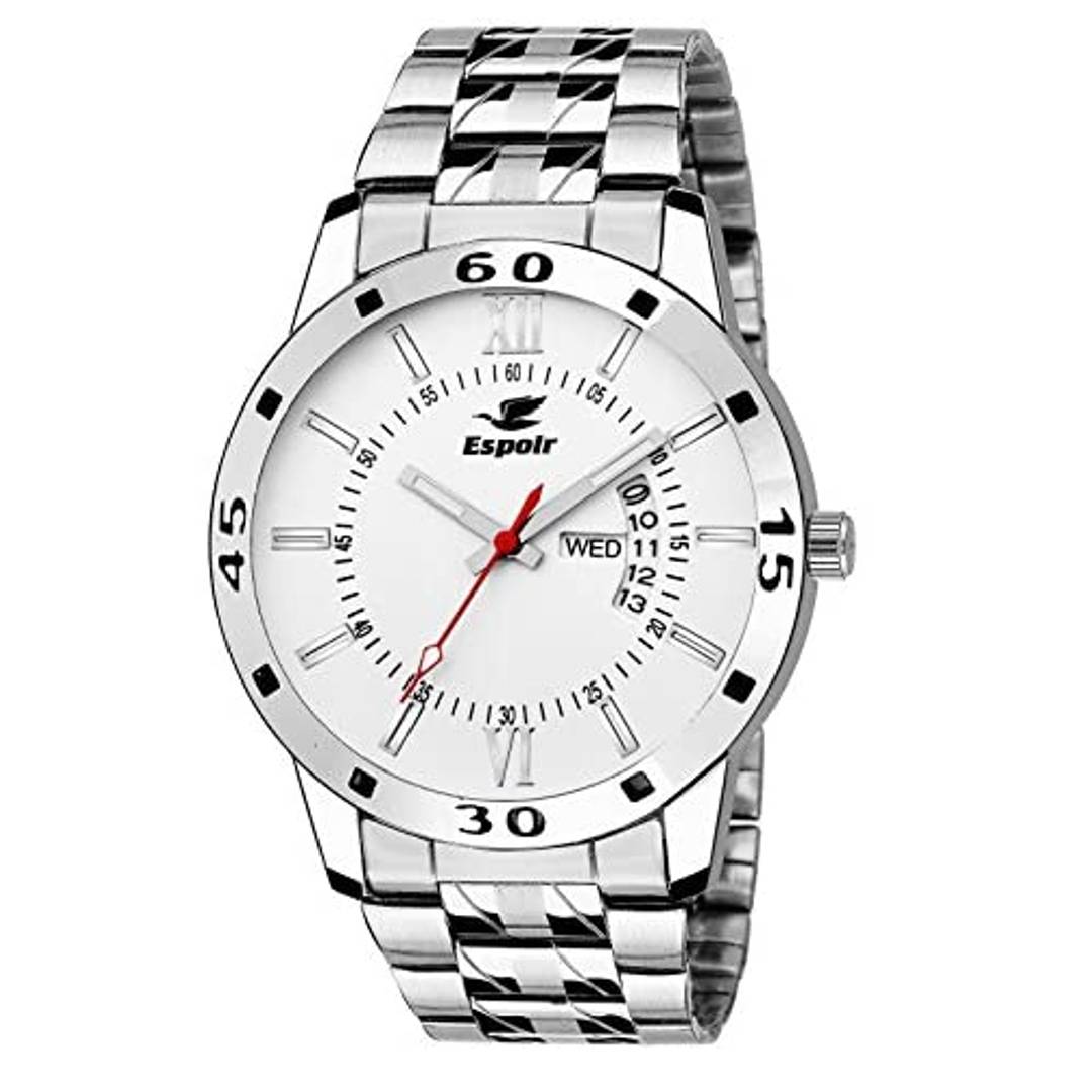 Espoir Exclusive Day Date Display Analog White Dial Stainless Steel Men's Watch - WDD0507, Medium