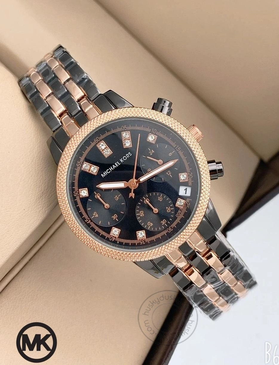Chronograph Two-Tone Strap Women's Watch For Girl or Woman Mk-20 Black Dial Diamond Case Gift Date Watch