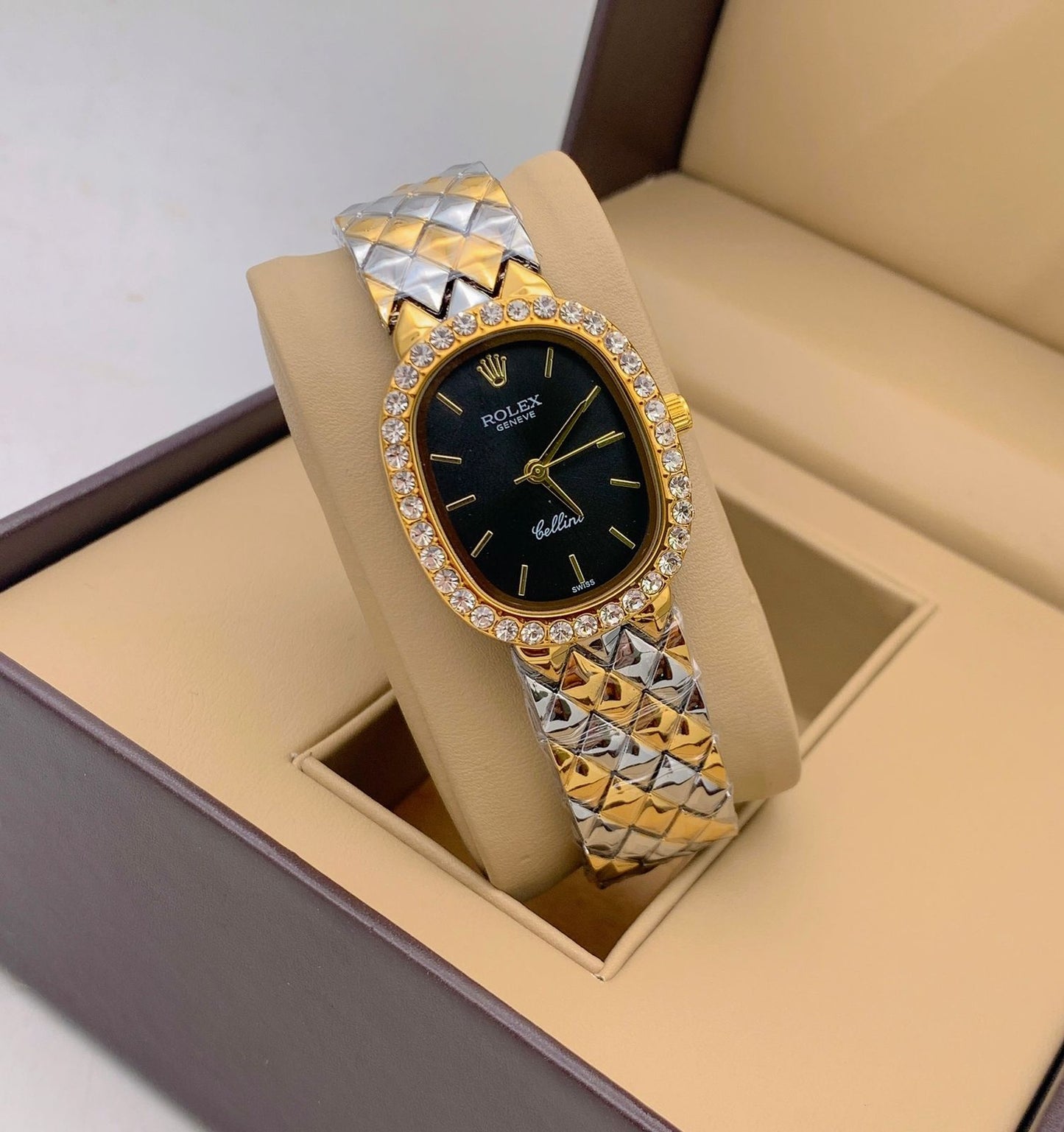 Qurtz Movement Women's Watch Gold Diamond Case & Black Dial Vintage Designer Multicolor Strap Watch Women Or Girls - Best Watch For Causal Use RLX-OREL-01