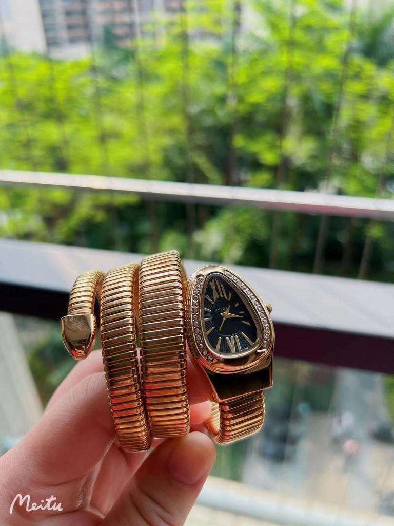 Serpenti Tubogas Analog Watch With Gold Color Metal Case & Strap Watch With Black Opaline Dial Designer Bracelet Strap Double Spiral Watch For Girl Or Woman-Best Gift Date Watch- BV-101814