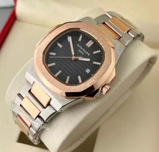 Patek Philippe Nautilus Mad Watch Quartz Movement Black Dial Silver And Rosegold Strap Dated Watch For Men's-Best Men's Collection PP-2465