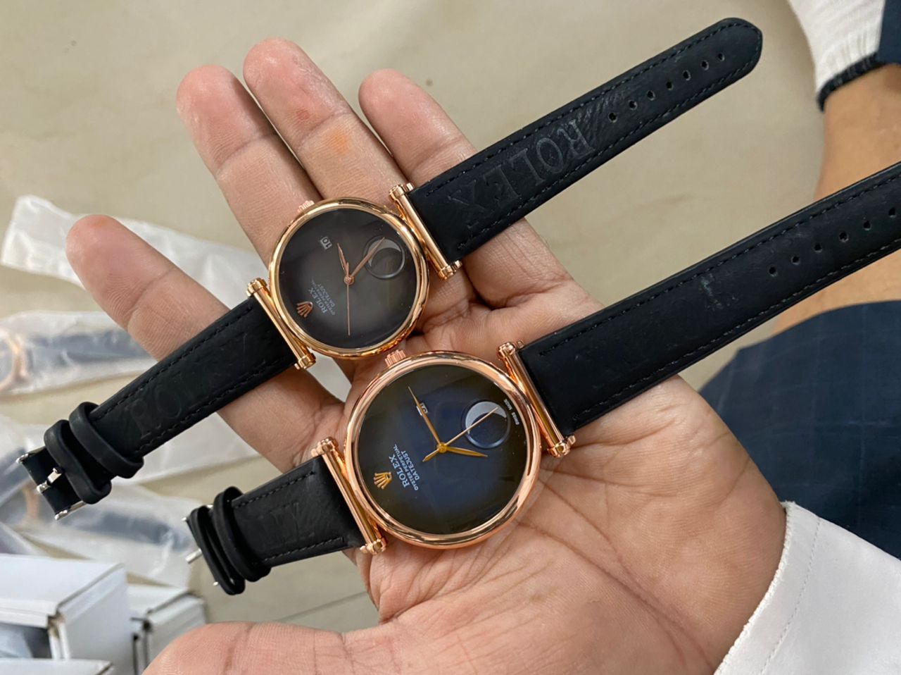 Analog Perpetual Black Leather Watch For Couple Rlx-Cpl-747 Black Dial Gold Case Best Gift Watch Ever