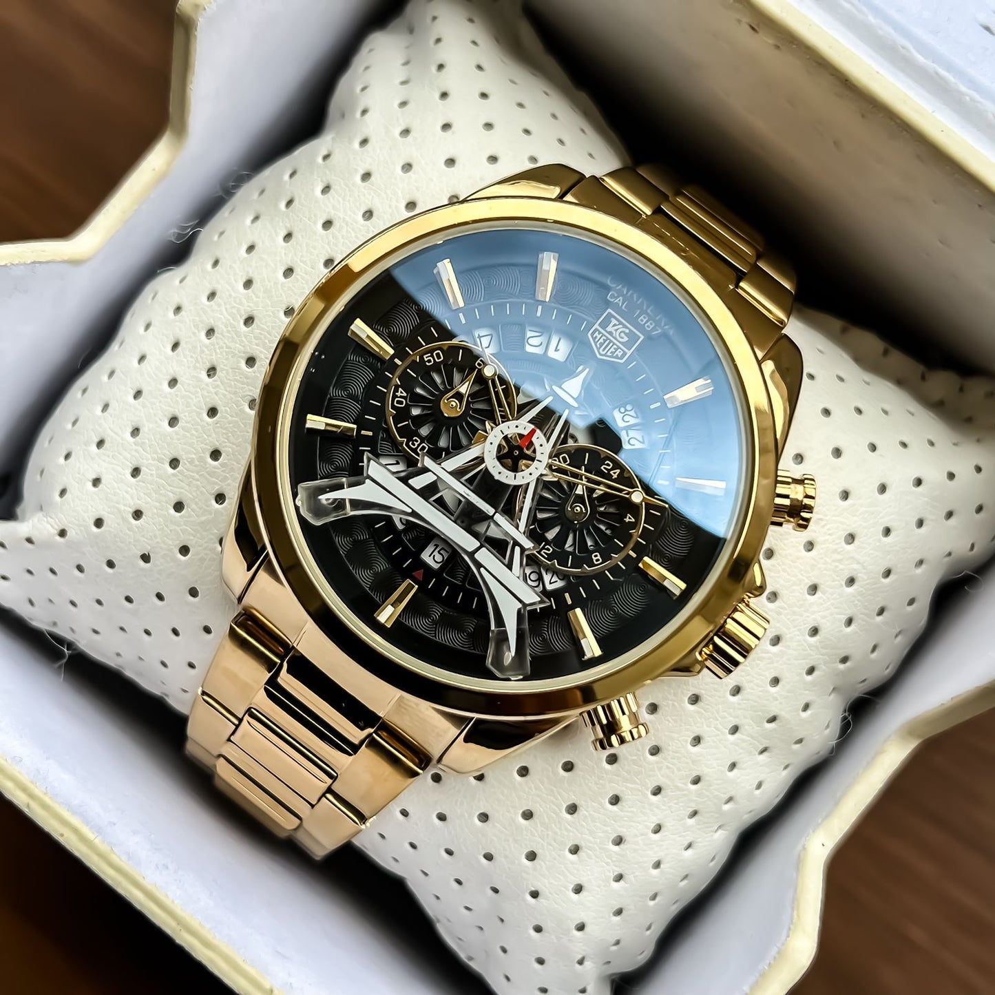 Tag Heuer CR7 Diagno Black Chronograph Multi Dial Stainless Steel Gold Color Mens TAG-Heuer Tag-IT-03 Watch for Man - Gift