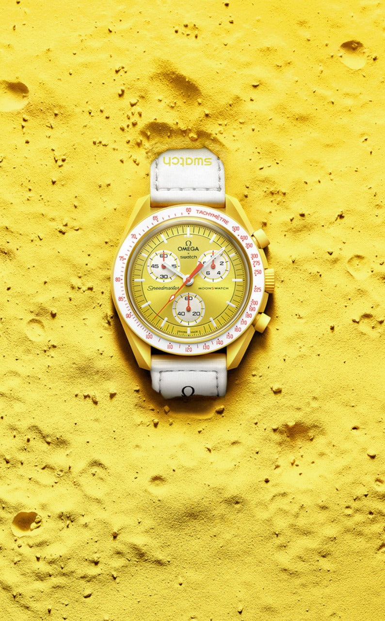 Omega Premium Quality extremely rare, and highly attractive prototype stainless steel With White Color Spacesuit-ready Velcro Strap Yellow Color Dial Chronograph Moon Wristwatch- MISSION TO SUN OG-Y-1030