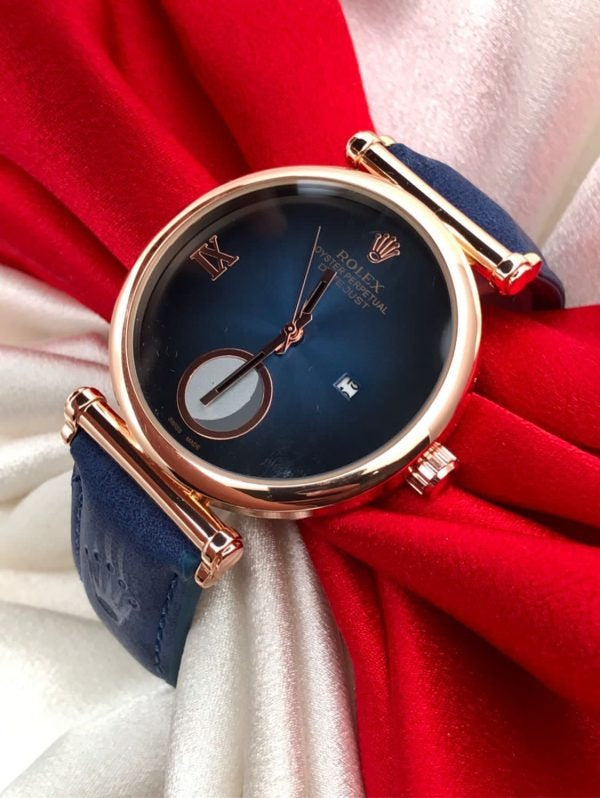 Blue Leather Half Moon Watch For Women's Casual New Trending Style Watch Black Dial With Gold Meta Date Women's Watch_ Best Gift Watch RLX-2-26