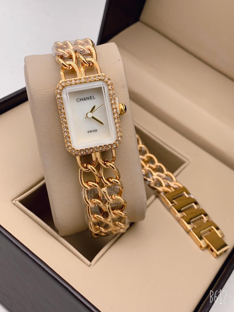 Gold Color Double Chain Strap New Stylish Branded White Dial Diamond Case Watch For Women And Girls-CH-203