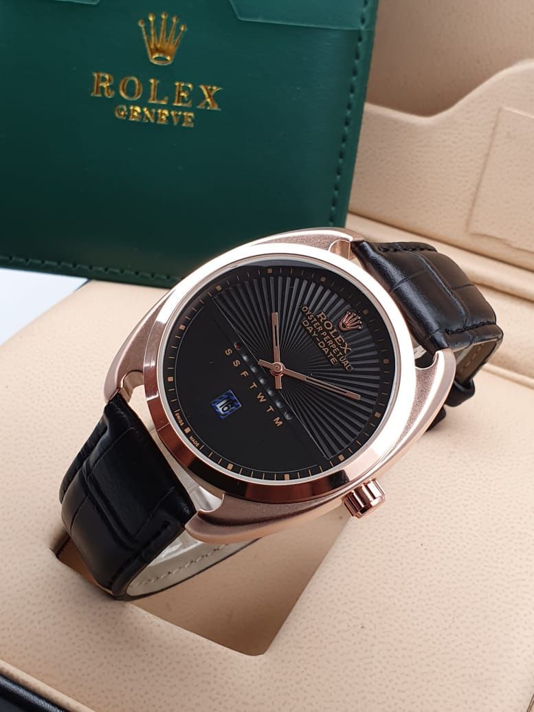 Black Leather Oyster Perpetual Watch For Men's Casual New Trending Style Watch Black Dial With Gold Metal Day Date Men's Watch_ Best Gift Watch RLX-1209