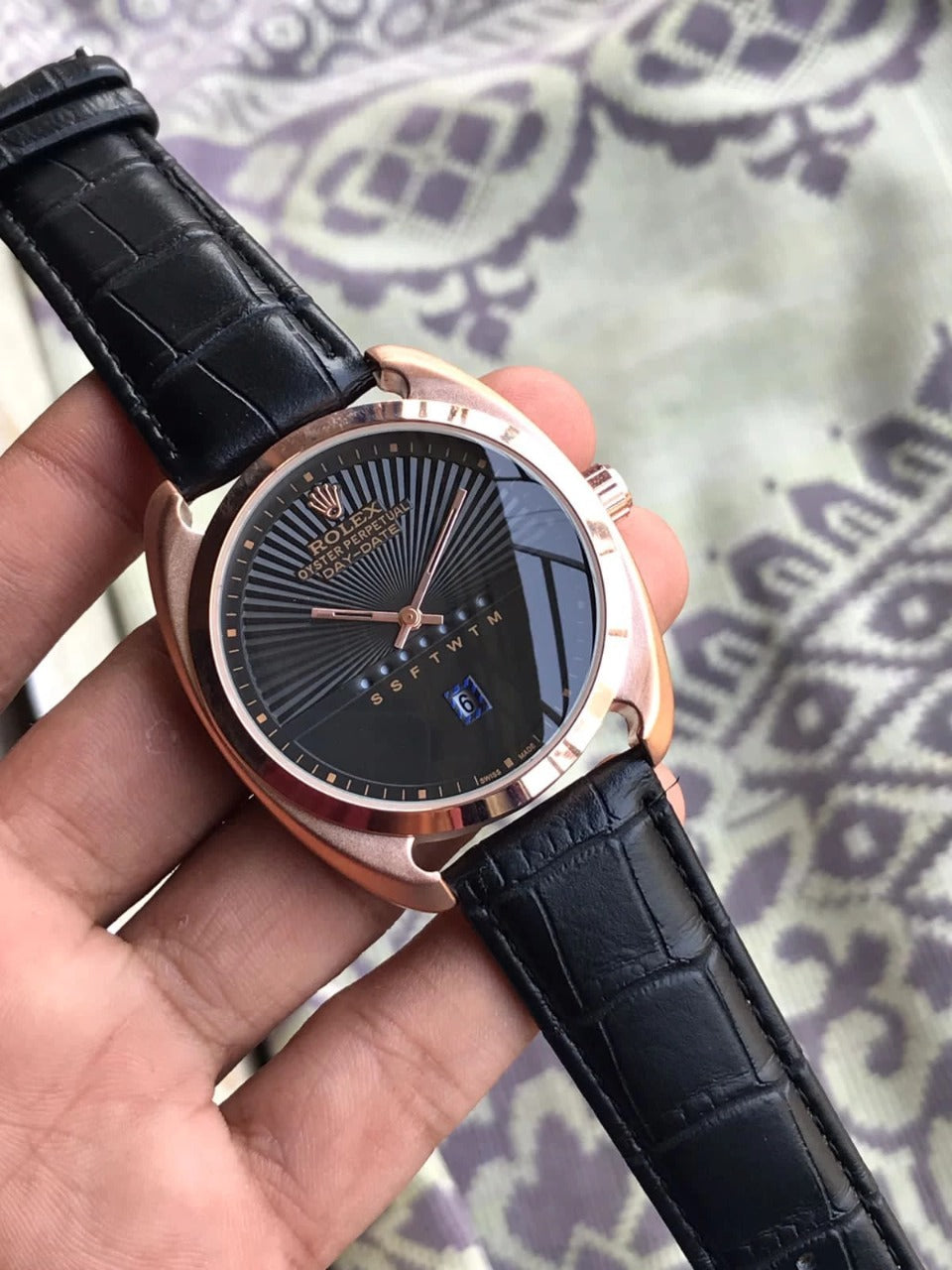 Black Leather Oyster Perpetual Watch For Men's Casual New Trending Style Watch Black Dial With Gold Metal Day Date Men's Watch_ Best Gift Watch RLX-1209