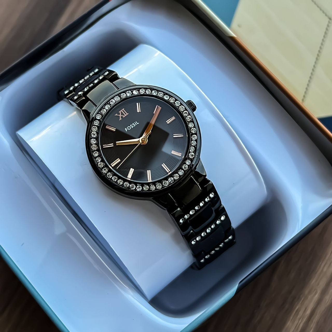 Black Metal Diamond Case&Strap Watch For Women's ES-5327 Black Dial For Girl Or Woman Best Gift Date