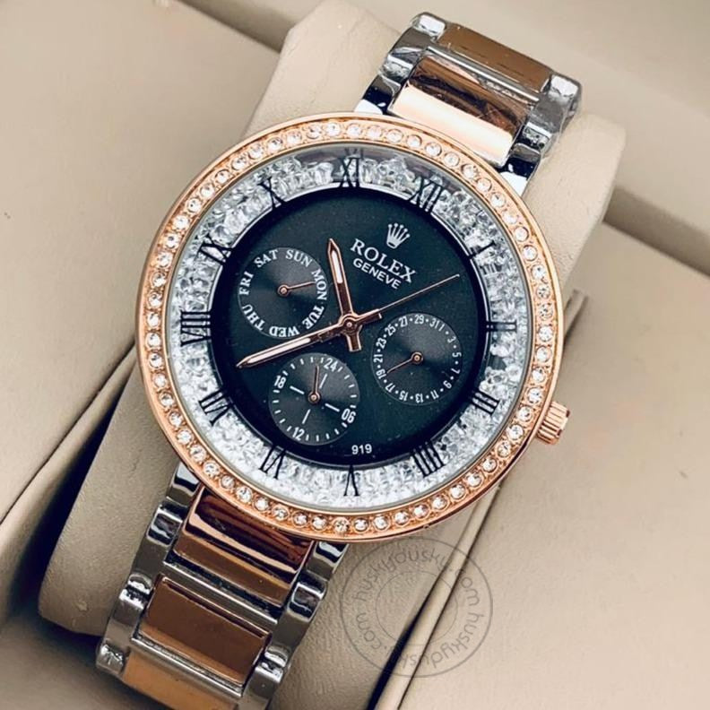 Two-Tone starp Women's Chronograph RLX-270 Watch for Girl or Woman Black Dial Diamond Case Best Gift For Women