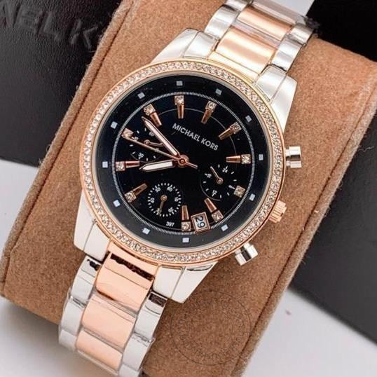 Two-Tone starp Women's Chronograph MK-2525 Watch for Girl or Woman Black Dial Diamond Case Date Best Gift For Women