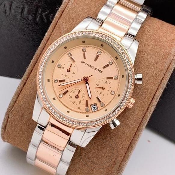 Two-Tone starp Women's Chronograph MK-2535 Watch for Girl or Woman Rose Gold Dial Diamond Case Date Best Gift For Women