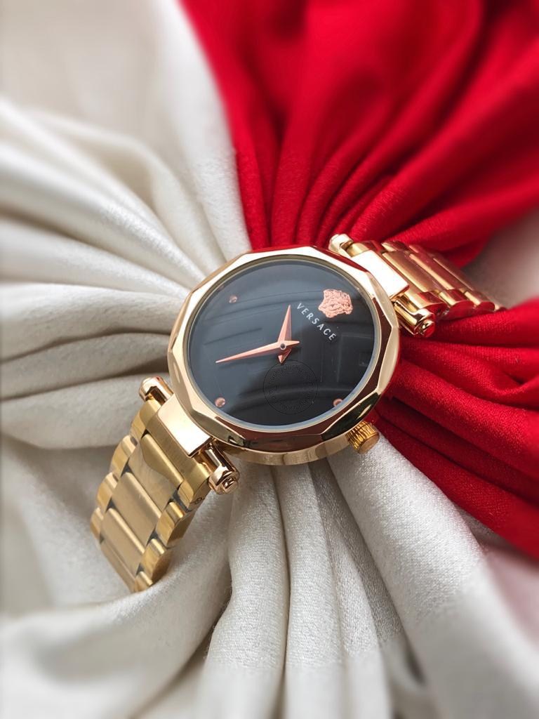 Golden New Stylish Branded Women's Watch For Women And Girls Black Dial Ver-843