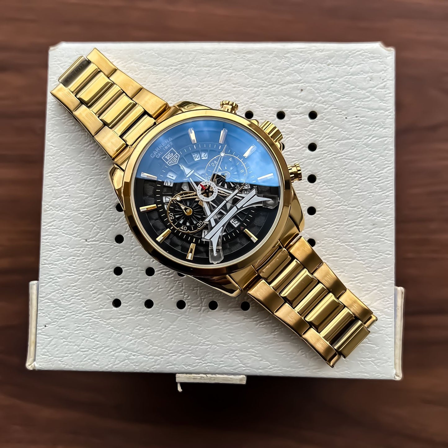 Tag Heuer CR7 Diagno Black Chronograph Multi Dial Stainless Steel Gold Color Mens TAG-Heuer Tag-IT-03 Watch for Man - Gift